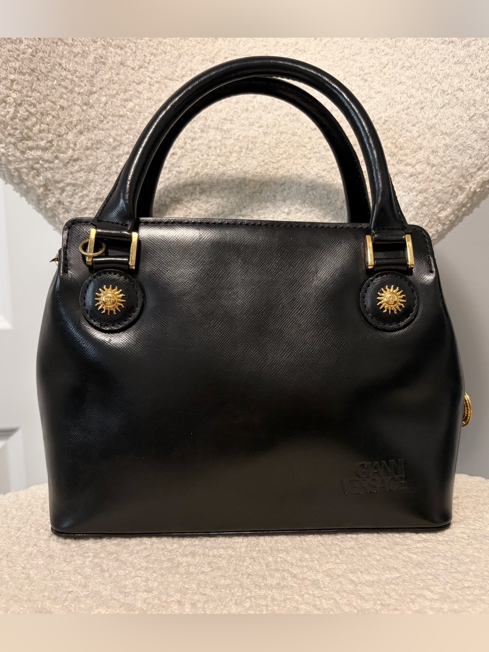 Versace Black Leather Top-Handle Satchel with Gold Hardware
